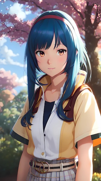 Anime-Mädchen mit blauen Haaren und gelbem Hemd mit blauem Haar