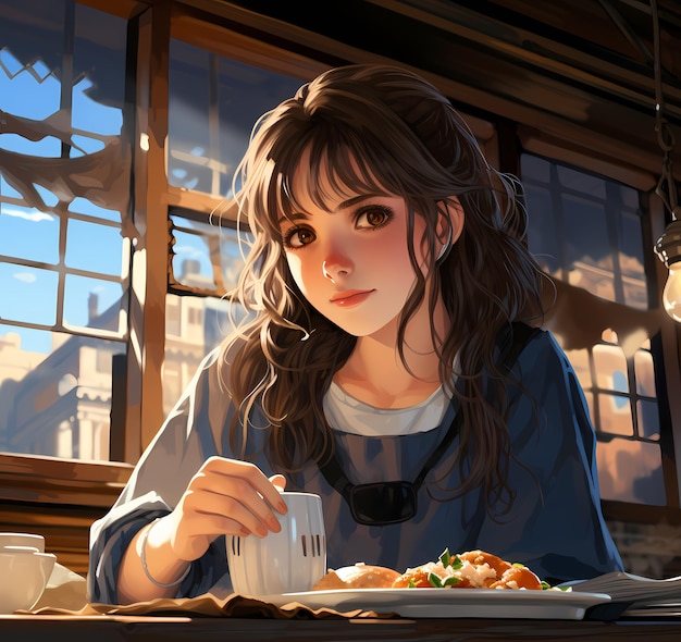 Anime-Mädchen mit braunen Haaren in einem Café beim Frühstück und Blick in die Kamera bei Tageslicht