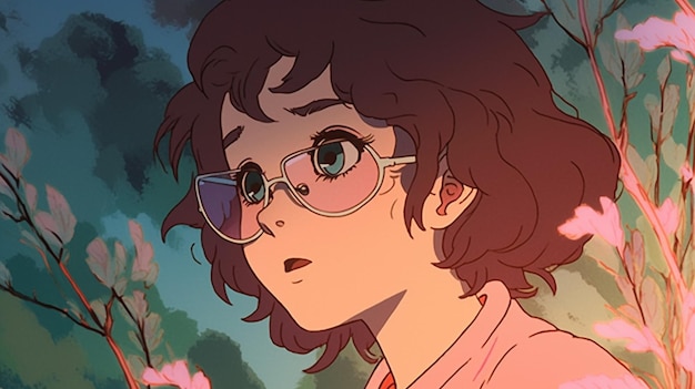 Anime-Mädchen mit Brille und rosa Hemd blickt auf eine generative Handy-KI