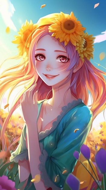 Anime-Mädchen mit einem Blumenkranz