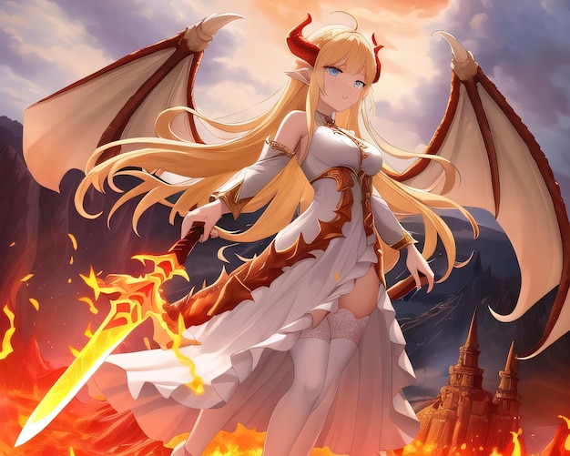 Anime-Mädchen mit Feuer und Drachen