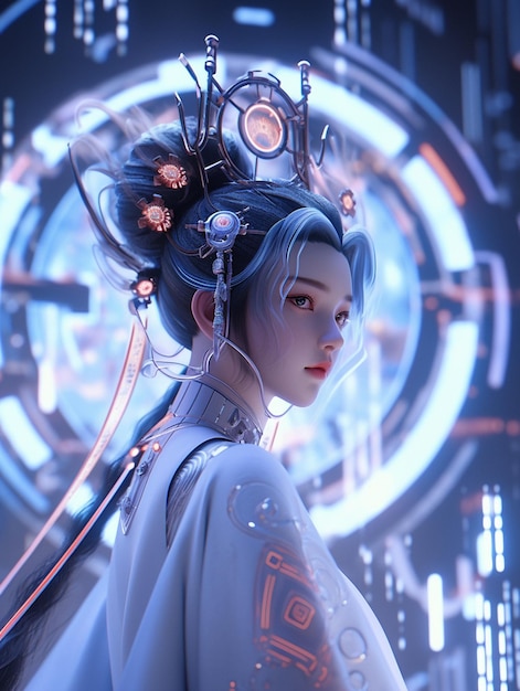 Anime-Mädchen mit futuristischen Haaren und Kopfhörern vor einer Uhr generative ai