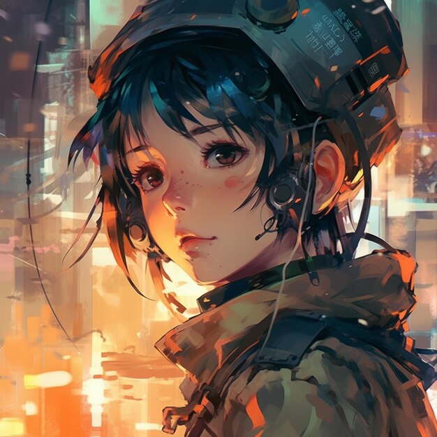 Anime-Mädchen mit Helm und Schutzbrille in einer Stadt bei Nacht generative ai