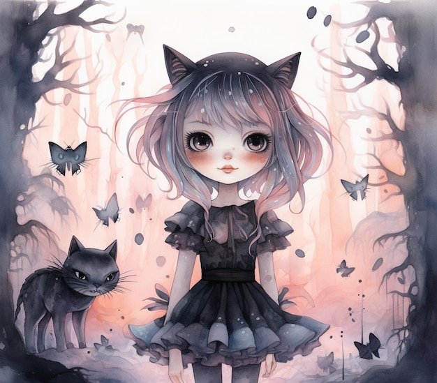 Anime-Mädchen mit Katzenohren und Kleid in einem Wald mit Schmetterlingen generative ai