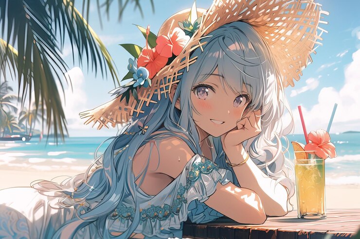 Anime-Mädchen mit langen blauen Haaren Strohhut Blumen trinkt tropische Cocktail das Meer Strand Palmen