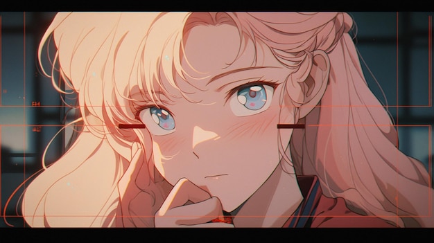 Anime-Mädchen mit langen blonden Haaren und blauen Augen starrt in die generative KI der Kamera