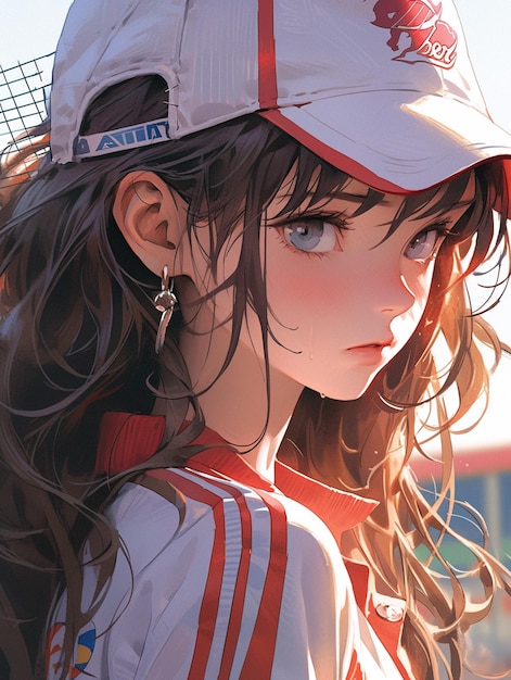 Anime-Mädchen mit langen Haaren, Baseballkappe und rot-weißem Outfit, generative KI