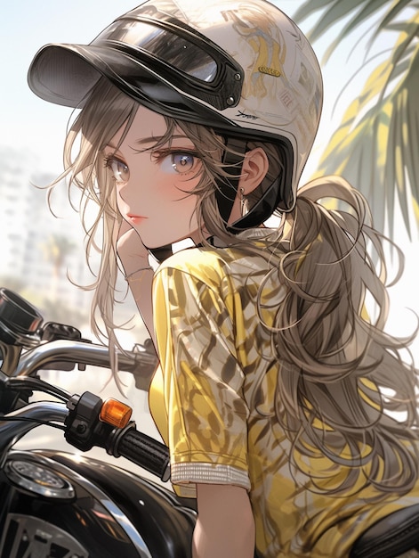 Foto anime-mädchen mit langen haaren, das einen helm trägt und auf einem motorrad sitzt