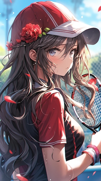 Anime-Mädchen mit langen Haaren, das einen Tennisschläger auf einem Tennisplatz hält, generative KI