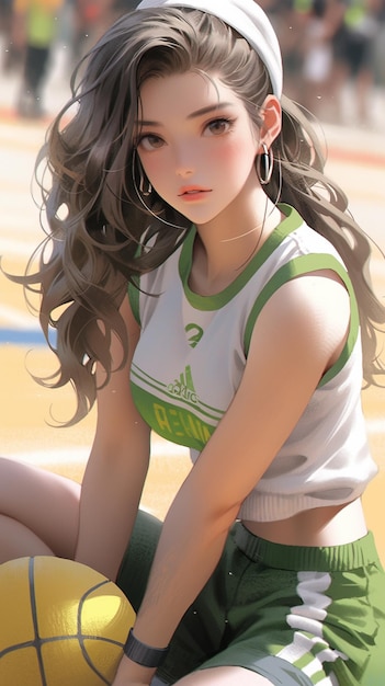 Anime-Mädchen mit langen Haaren sitzt auf einem generativen Basketballball