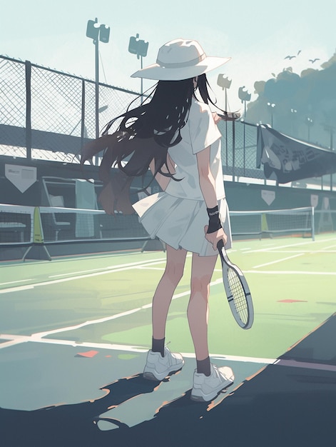 Anime-Mädchen mit langen Haaren steht auf einem Tennisplatz und hält einen Tennisschläger