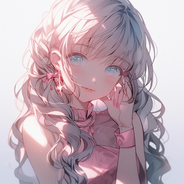 Anime-Mädchen mit langen Haaren und blauen Augen in rosa Kleid, generative KI