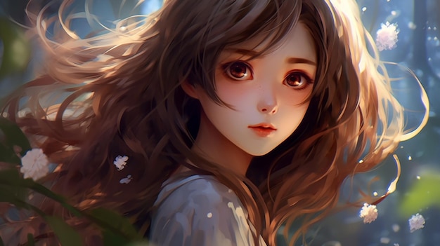 Anime-Mädchen mit langen Haaren und braunen Augen in einem generativen Wald