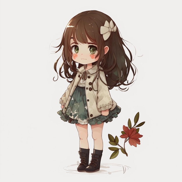 Anime-Mädchen mit langen Haaren und einer Blume in der Hand