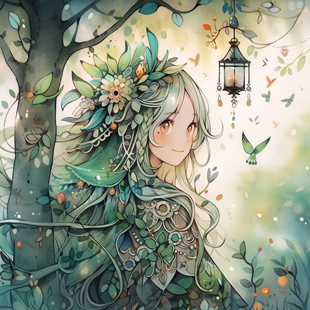 Anime-Mädchen mit langen Haaren und einer Blumenkrone in einem Wald generative ai
