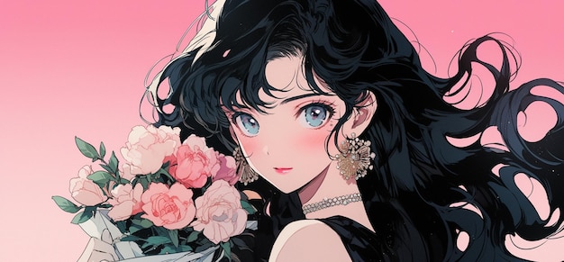 Anime-Mädchen mit langen schwarzen Haaren, das einen Blumenstrauß hält, generative KI