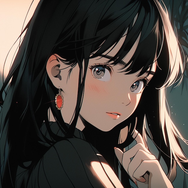 Anime-Mädchen mit langen schwarzen Haaren und Ohrringen, die in die Kamera schauen, generative KI