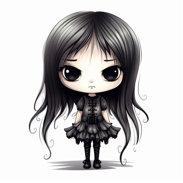 Anime-Mädchen mit langen schwarzen Haaren und schwarzem Kleid, generative KI