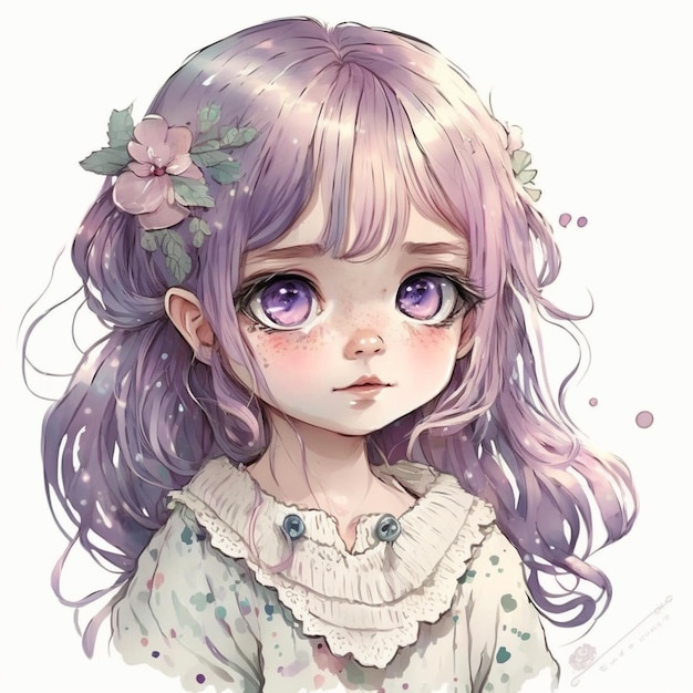 Anime-Mädchen mit lila Haaren und Blumen im Haar generative ai