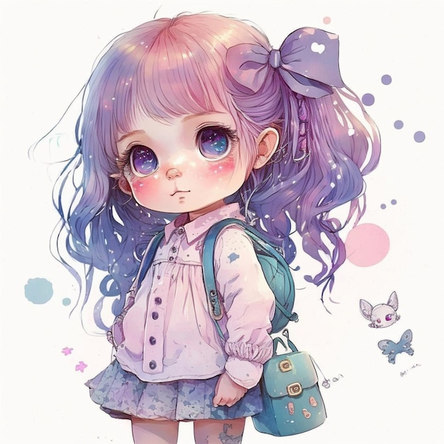 Anime Mädchen mit lila Haaren und einer blauen Tasche und einer Katze generative ai