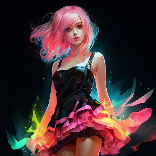 Anime-Mädchen mit rosa Haaren und einem schwarzen Kleid mit bunten Lichtern, generative KI