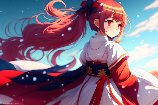 Anime-Mädchen mit roten Haaren und blauem Himmel im Hintergrund
