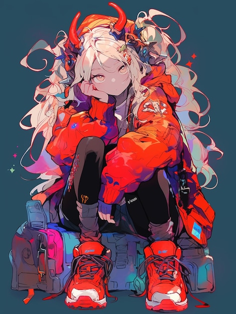 Anime-Mädchen mit roten Schuhen sitzt auf einem Koffer mit einem Rucksack generative ai