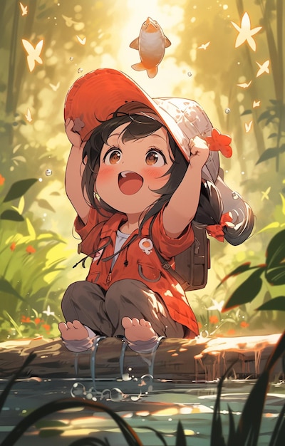 Anime-Mädchen mit Rucksack und Vogel im Wald, generative KI