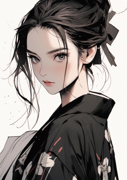 Anime-Mädchen mit schwarzen Haaren und einem schwarzen Kimono generative ai