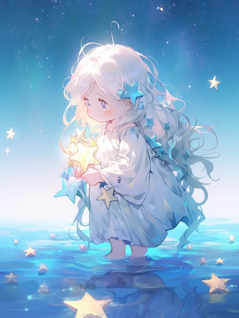 Anime-Mädchen mit Sternen in der Hand steht im Wasser generativ ai