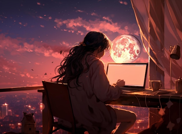 Anime-Mädchen sitzt an einem Schreibtisch mit einem Laptop vor einem Vollmond