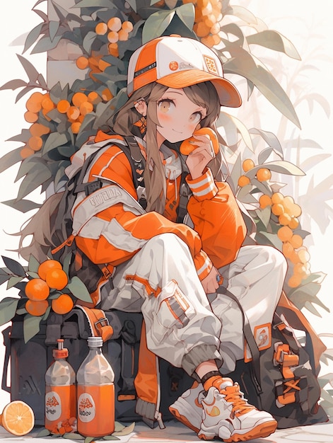 Anime-Mädchen sitzt auf einem Koffer mit Orangen und einer Flasche Bier. Generative KI