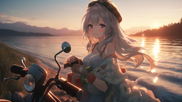 Anime-Mädchen sitzt auf einem Motorrad am Wasser bei Sonnenuntergang