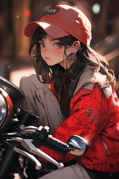 Anime-Mädchen sitzt auf einem Motorrad mit rotem Hut und generativer KI
