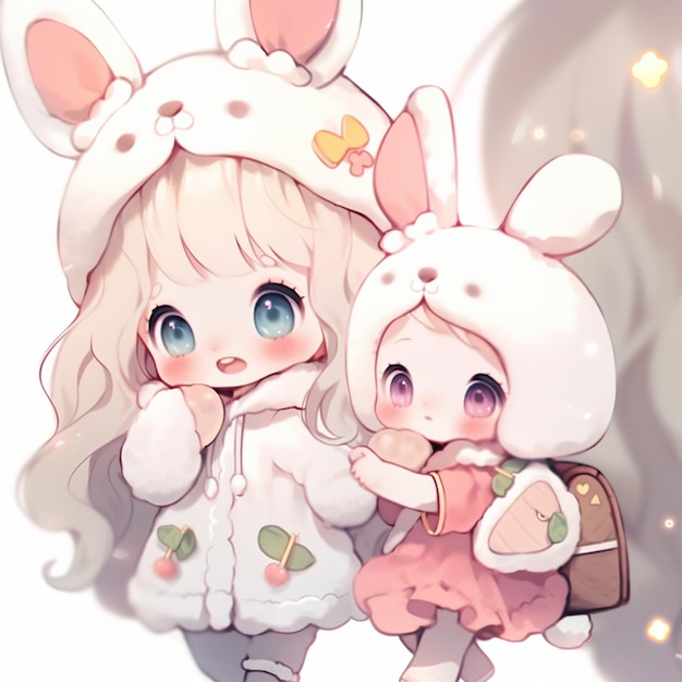 Anime-Mädchen und Kaninchen-Mädchen mit Kaninchenohren und einem rosa Kleid generative ai