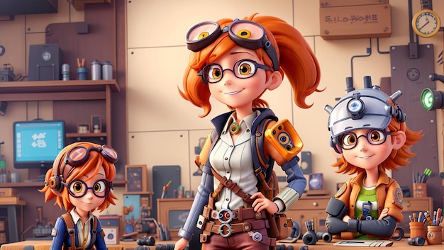 Anime-Mädchenbild mit einem technisch versierten und genialen Erfinder mit kurzen, mutigen orangefarbenen Haaren