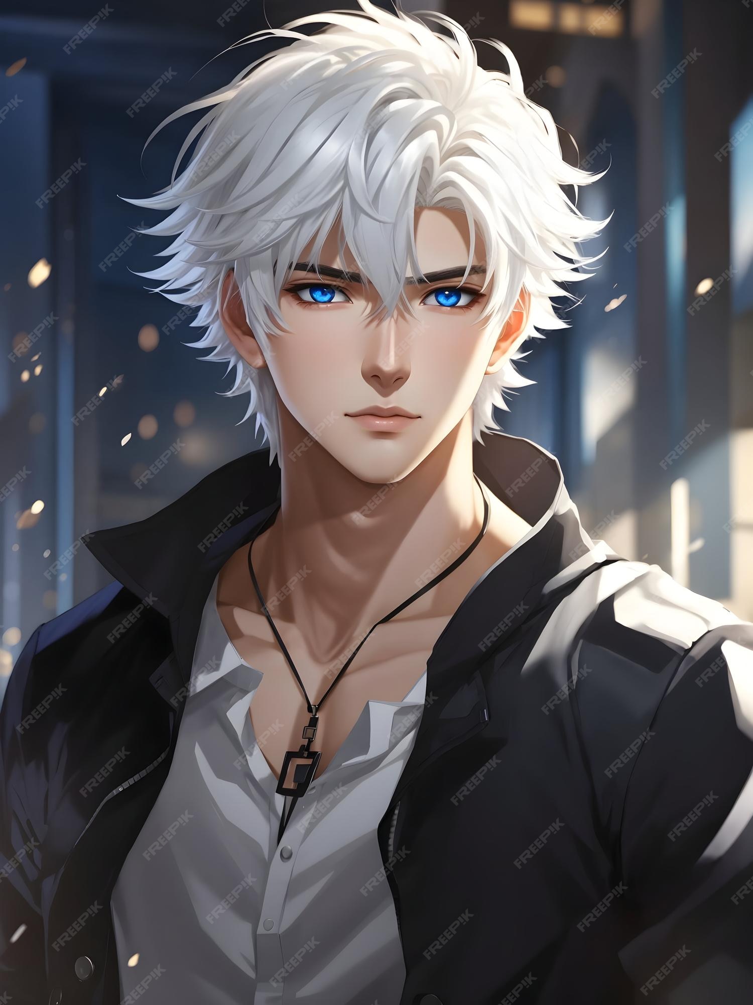 Anime menino cabelo branco cara bonito atraente tanquinho cabelo espetado  olhos azuis calças pretas fantasia