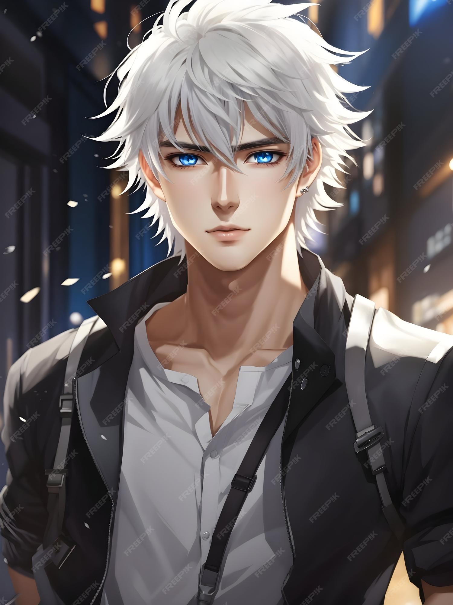 Anime menino cabelo branco cara bonito atraente tanquinho cabelo espetado  olhos azuis calças pretas fantasia