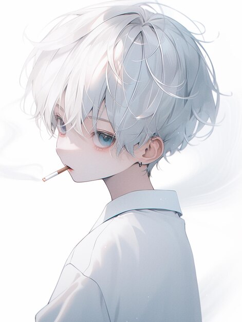 Menino de anime com cabelo branco e máscara