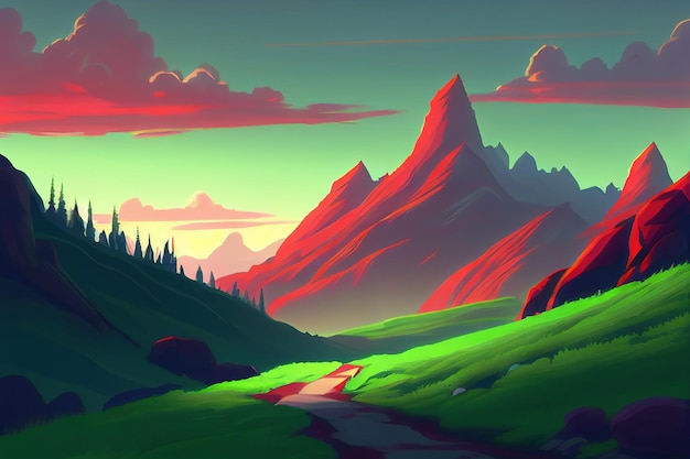 Anime Mountain Sunset View Generative AI