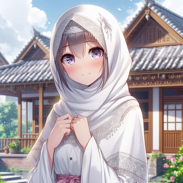 Foto anime mujer joven asiática anime vestida con hijab