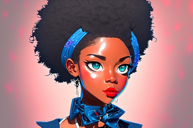 Anime mulher afro-americana para design de rede social Cabeçalho da Web para mídias sociais Avatar para uma rede social Closeup mulher afro-americana rosto de menina