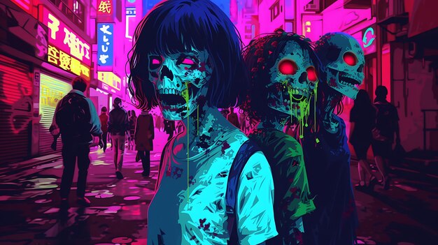 Foto anime de neón zombi con estandarte gótico