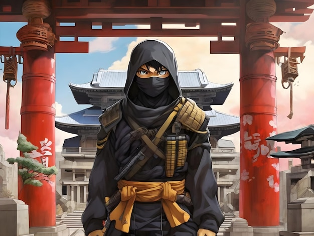 Anime-Ninja inmitten japanischer Denkmäler