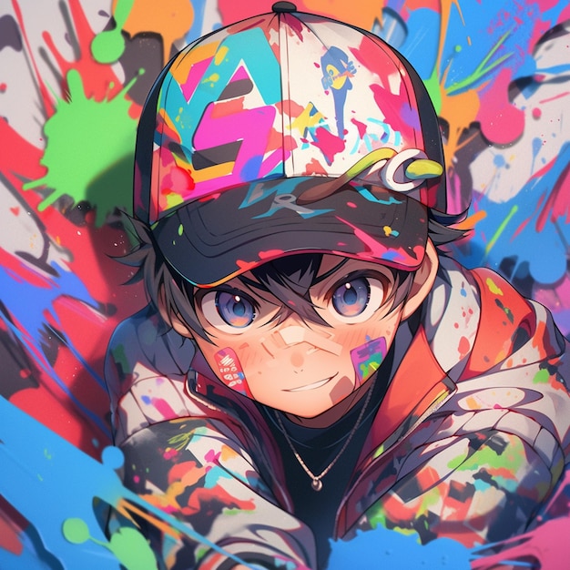 anime niño con una gorra y gafas sobre un fondo colorido generativo ai