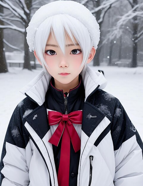 Anime niño nieve y usar chaqueta en la temporada de invierno