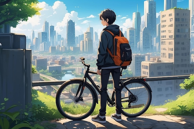 Anime niño triste de pie con una bicicleta y mirando la naturaleza paisaje urbano un fondo de papel tapiz de escritorio de la ciudad