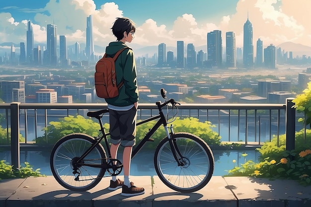 Anime niño triste de pie con una bicicleta y mirando la naturaleza paisaje urbano un fondo de papel tapiz de escritorio de la ciudad