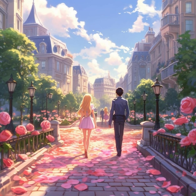 Anime-Paar geht auf einer Straße mit rosa Blumen im Vordergrund