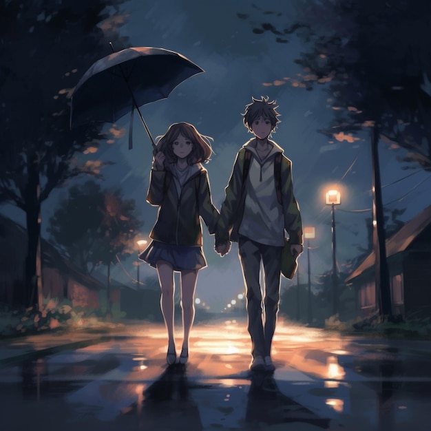 Anime-Paar geht in der Regen mit Regenschirmen in der Nacht generativ ai